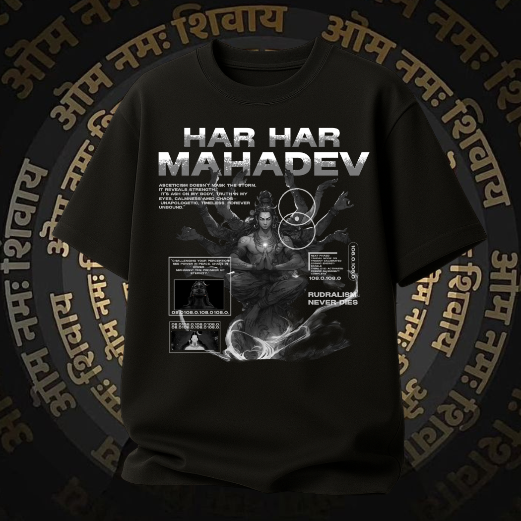 Black oversized Mahadev t-shirt for men featuring Har Har Mahadev graphic print in premium cotton fabric