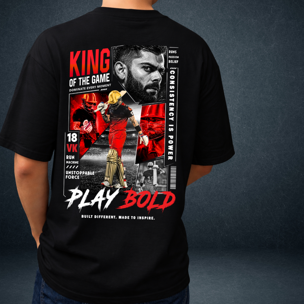 men wearing black VK 18 oversized cricket graphic t-shirt back view - Prospera Clothing India