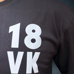 Black oversized t-shirt with 18 VK white print close up detail - Prospera Clothing India