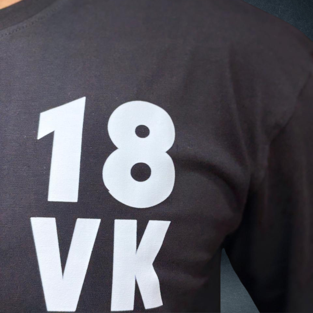 Black oversized t-shirt with 18 VK white print close up detail - Prospera Clothing India