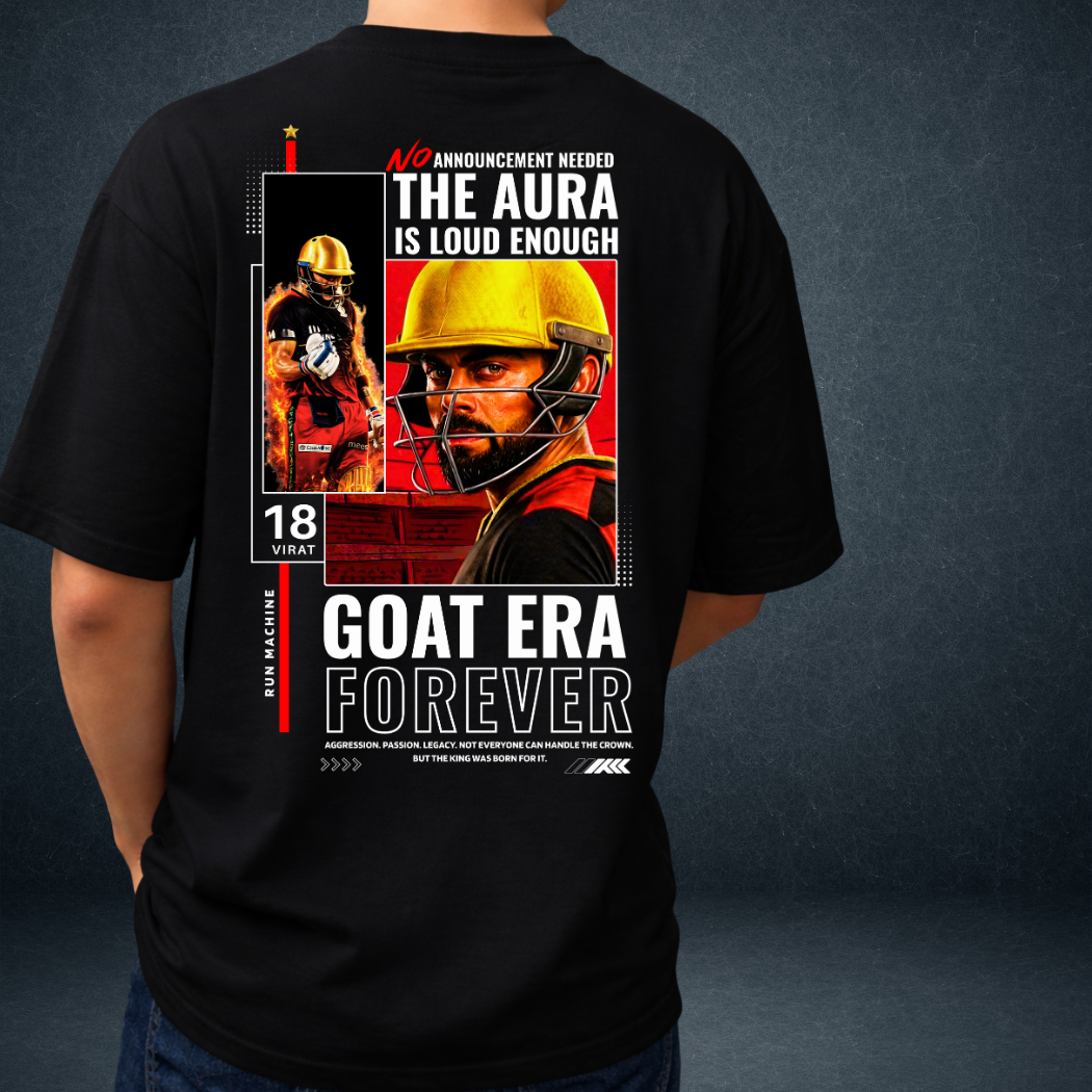 Virat Kohli RCB GOAT Era black oversized t-shirt back view with bold graphic print – Prospera Clothing
