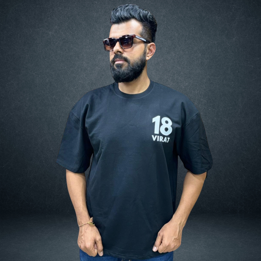 Virat Kohli RCB GOAT Era black oversized t-shirt back front view model wear with bold graphic print – Prospera Clothing