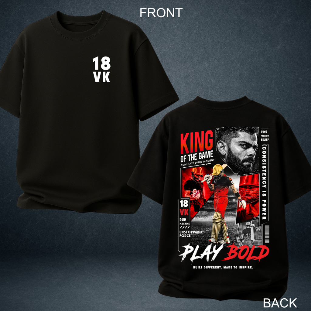Black VK 18 cricket oversized t-shirt front and back combo view - Prospera Clothing India