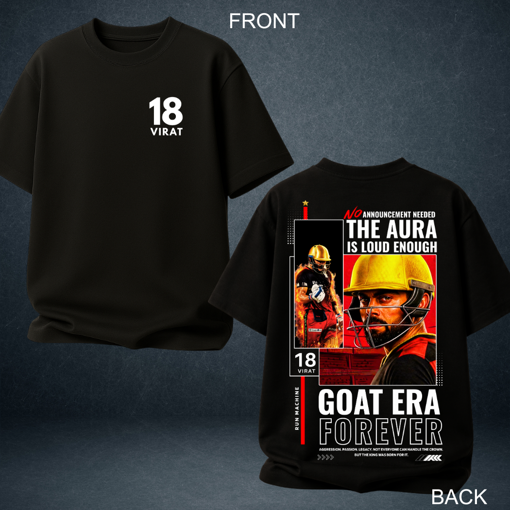 Virat Kohli RCB GOAT Era black oversized t-shirt  front back combine  view with bold graphic print – Prospera Clothing