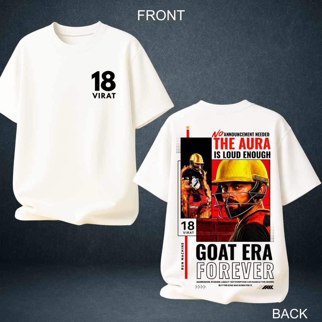 Virat Kohli RCB GOAT Era white oversized t-shirt  front back combine  view with bold graphic print – Prospera Clothing