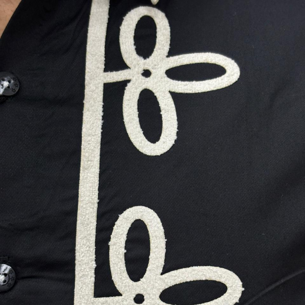 Men's Black And White Chenille Embroidery Shirt - Floral Patch Design | Premium Streetwear by Prospera