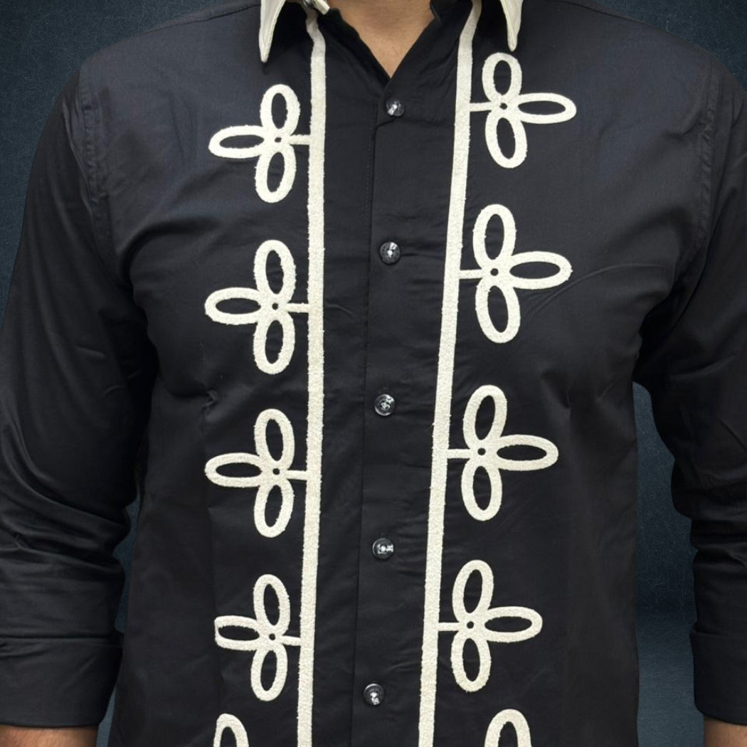 Men's Black And White Chenille Embroidery Shirt - Floral Patch Design | Premium Streetwear by Prospera