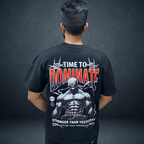 Back view of black DOMINATE oversized tee with bold warrior graphic - Prospera streetwear