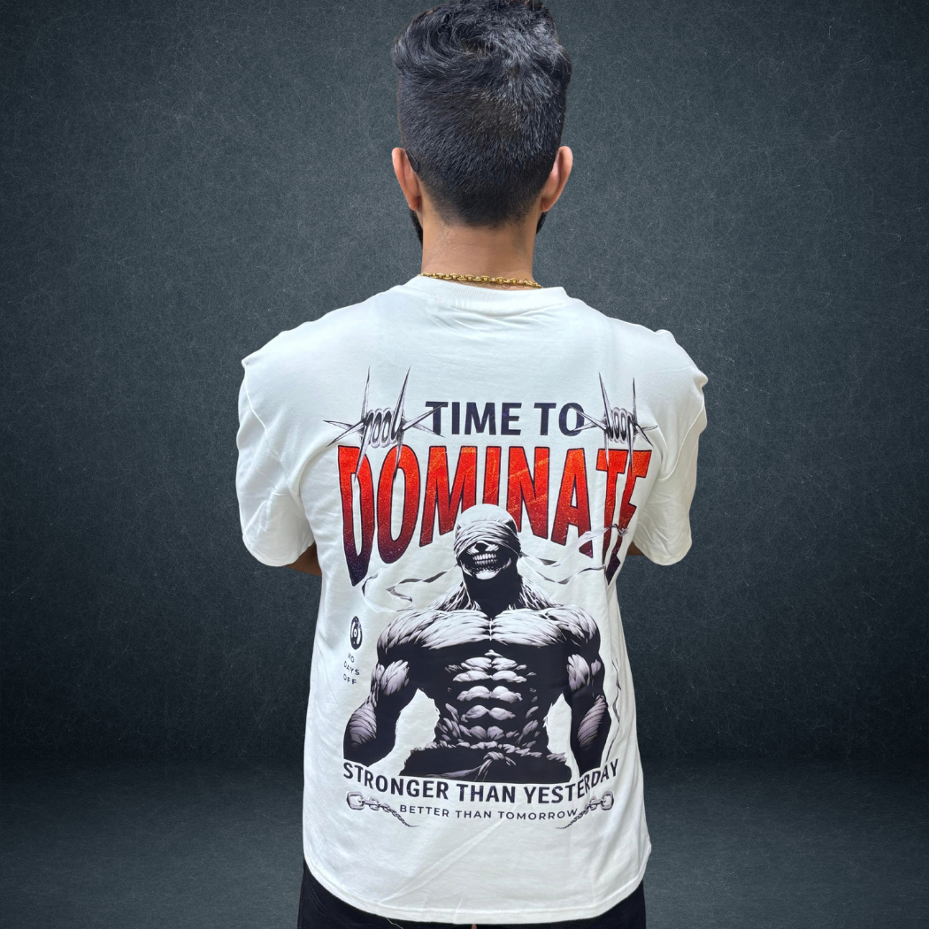 Back view of white DOMINATE oversized tee with bold warrior graphic - Prospera streetwear
