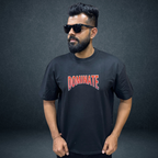 Front view of black DOMINATE oversized tee with bold warrior graphic - Prospera streetwear