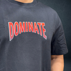 Front Close up view of black DOMINATE oversized tee with bold warrior graphic - Prospera streetwear