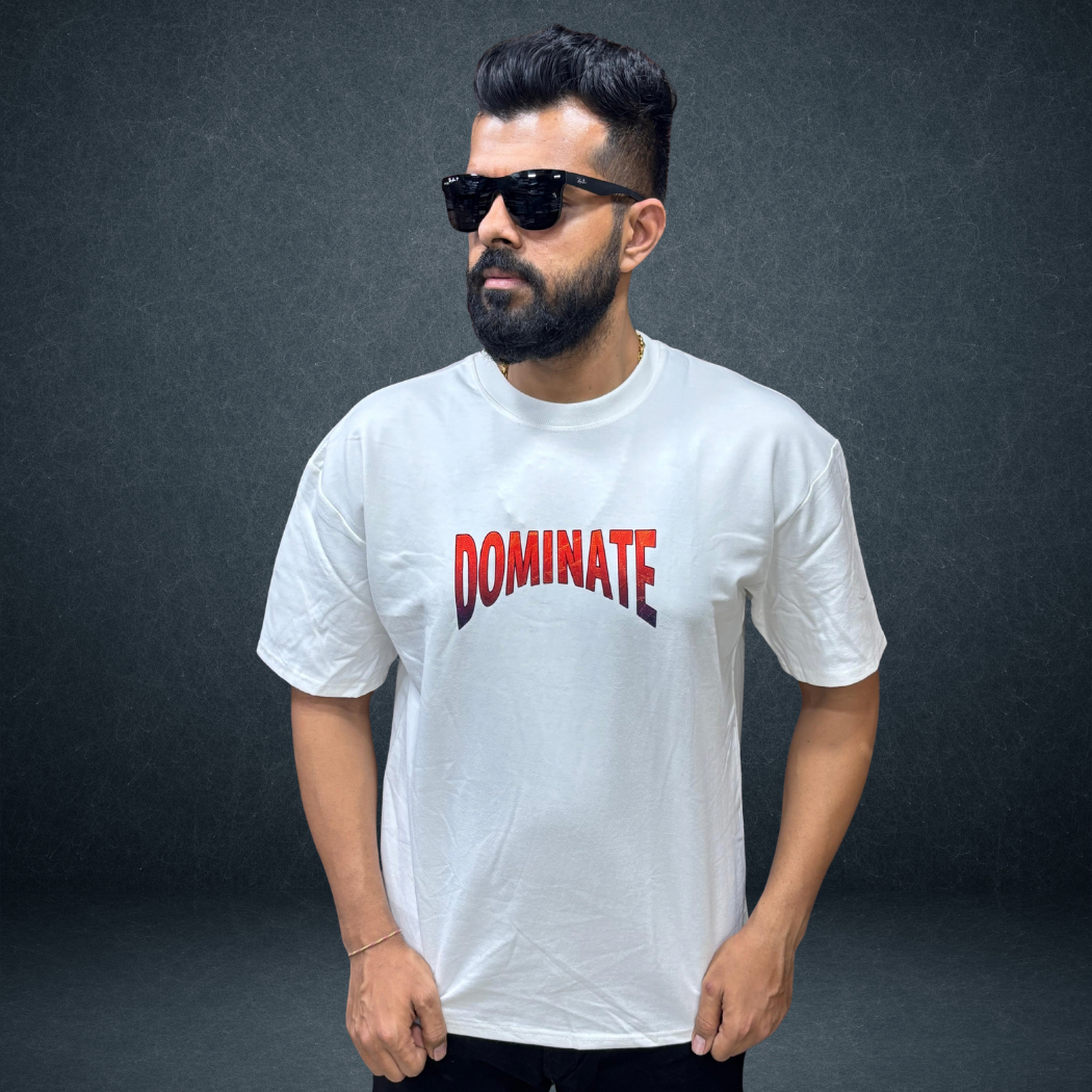 Front view of white DOMINATE oversized tee with bold warrior graphic - Prospera streetwear