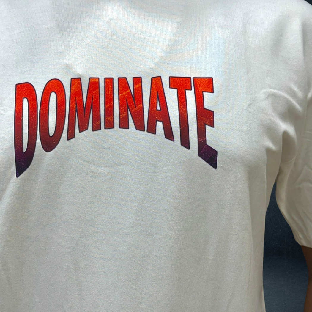 Front Close up view of white DOMINATE oversized tee with bold warrior graphic - Prospera streetwear