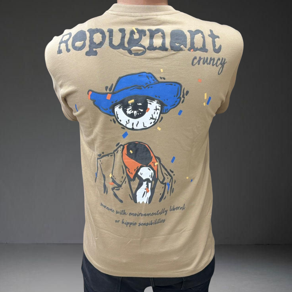 Back print graphic design detail dusty beige t-shirt Prospera