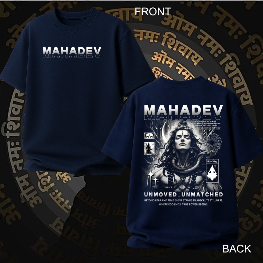 Mahadev oversized cotton t-shirt navy blue front and back view