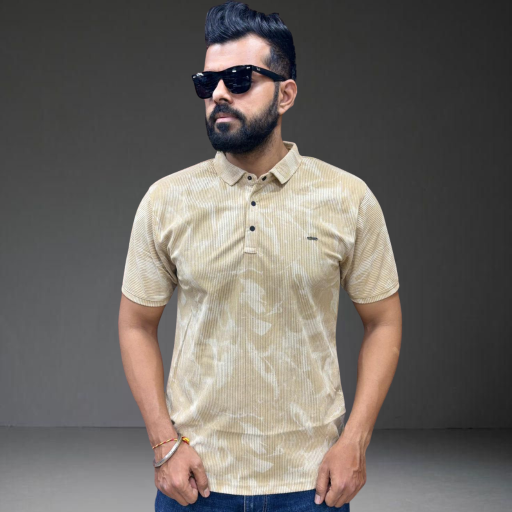 Man wearing beige corduroy polo t-shirt short sleeve from Prospera Clothing
