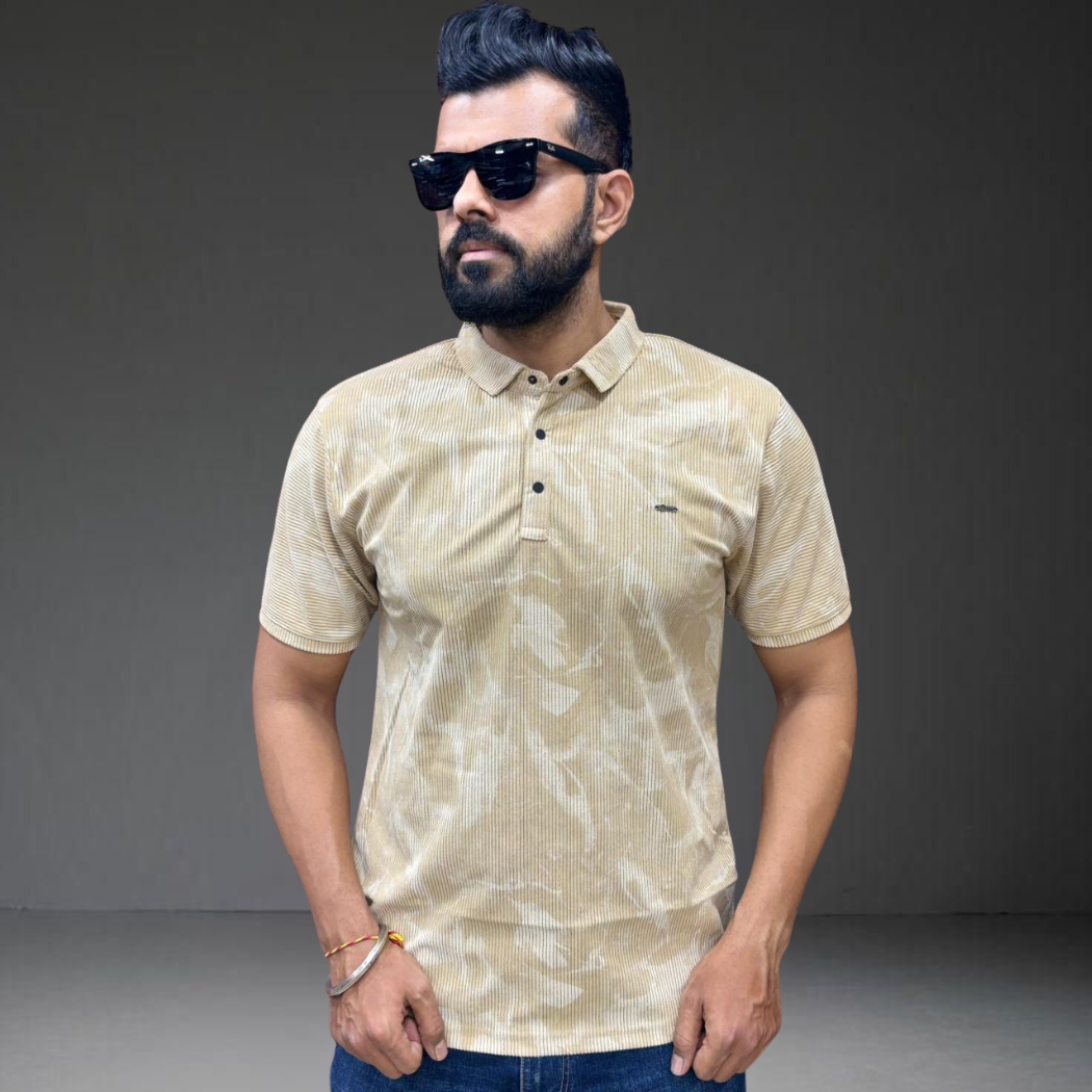 Man wearing beige corduroy polo t-shirt short sleeve from Prospera Clothing