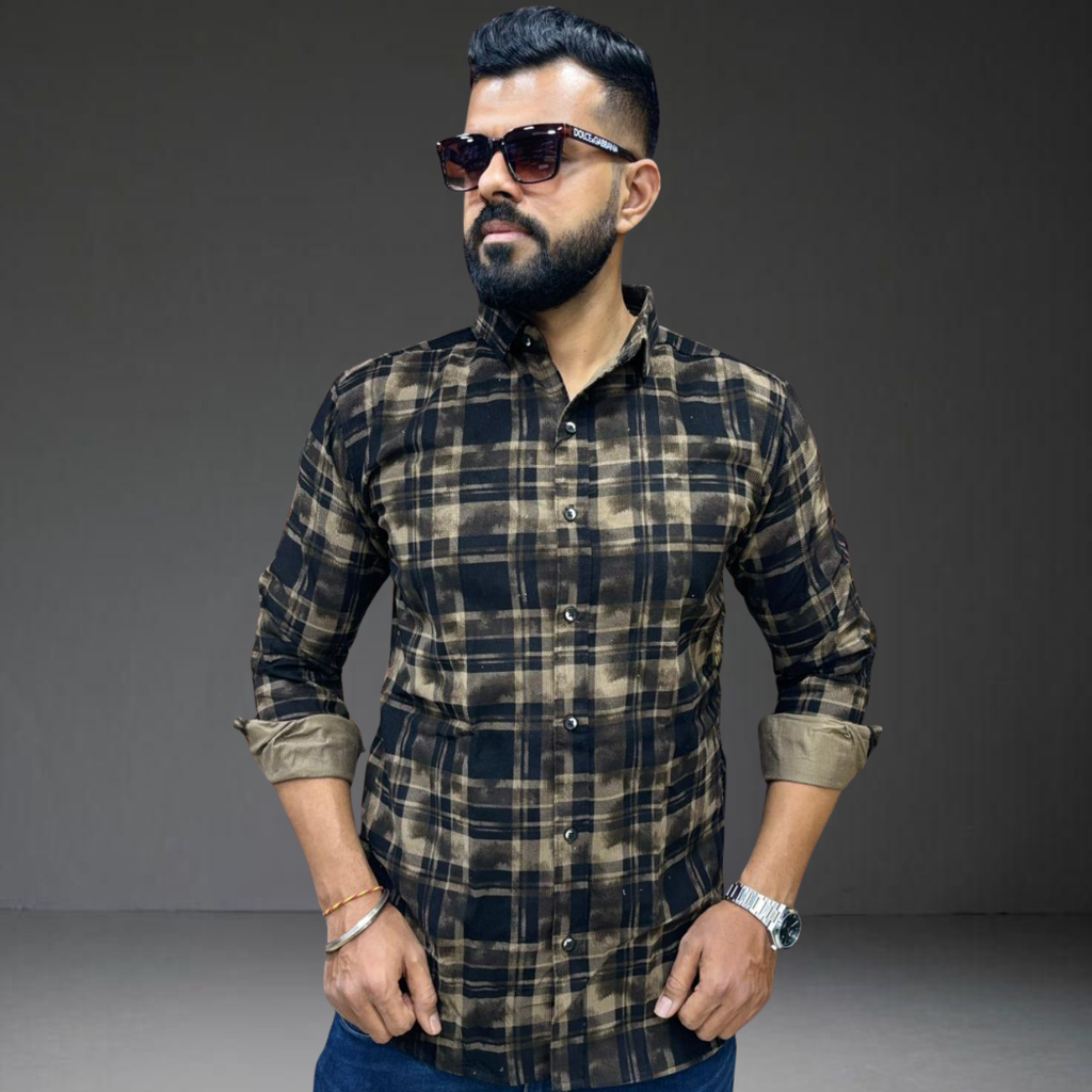 Black brown check corduroy shirt on man front view Prospera