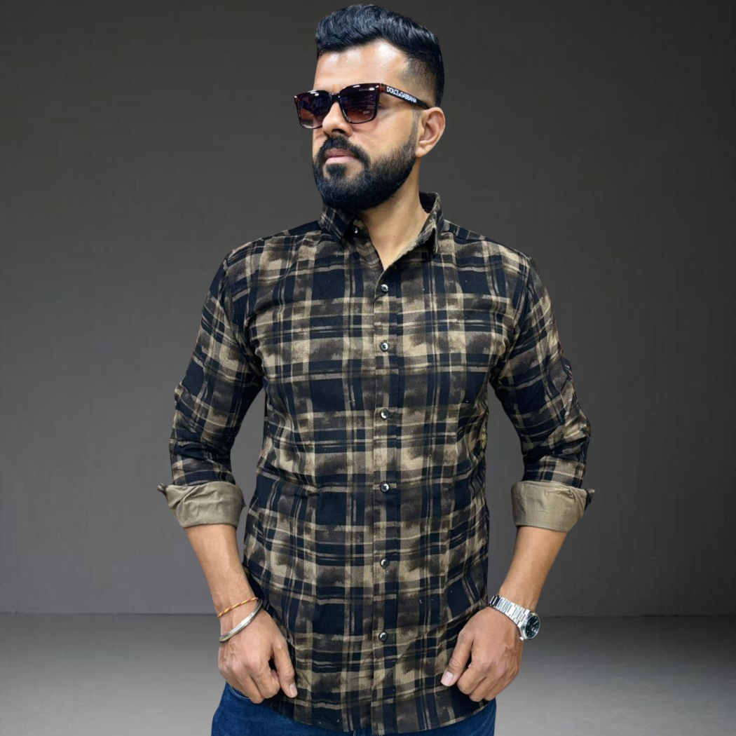 Black brown check corduroy shirt on man front view Prospera