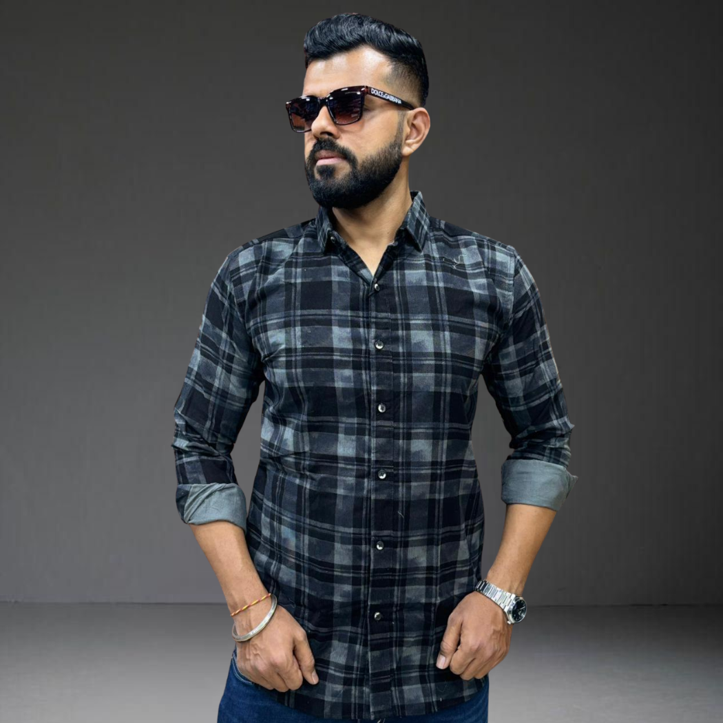 Men’s black grey check corduroy shirt by Prospera Clothing India
