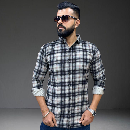 Black white check cotton shirt on man front view Prospera casual