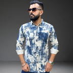 Blue white tie dye corduroy shirt on man Prospera ocean pattern