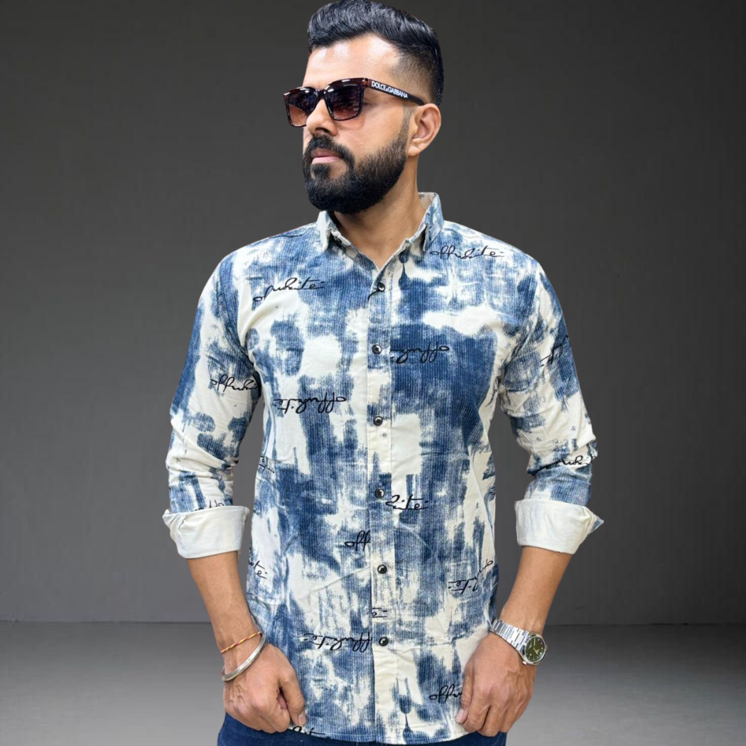 Blue white tie dye corduroy shirt on man Prospera ocean pattern