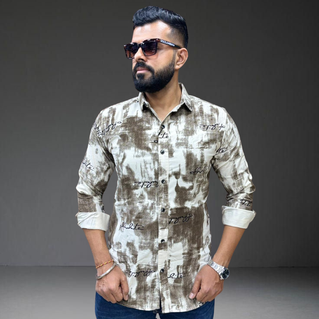 Brown white tie dye corduroy shirt on man Prospera unique pattern