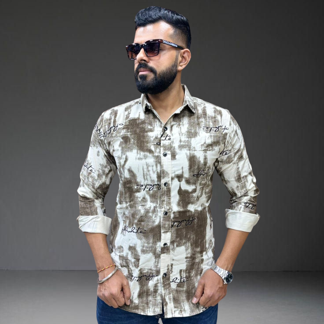 Brown white tie dye corduroy shirt on man Prospera unique pattern