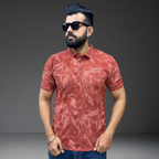 Men's coral corduroy polo t-shirt short sleeve with model - front view