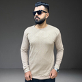 Men's cream textured knit t-shirt long sleeve with model - full body view