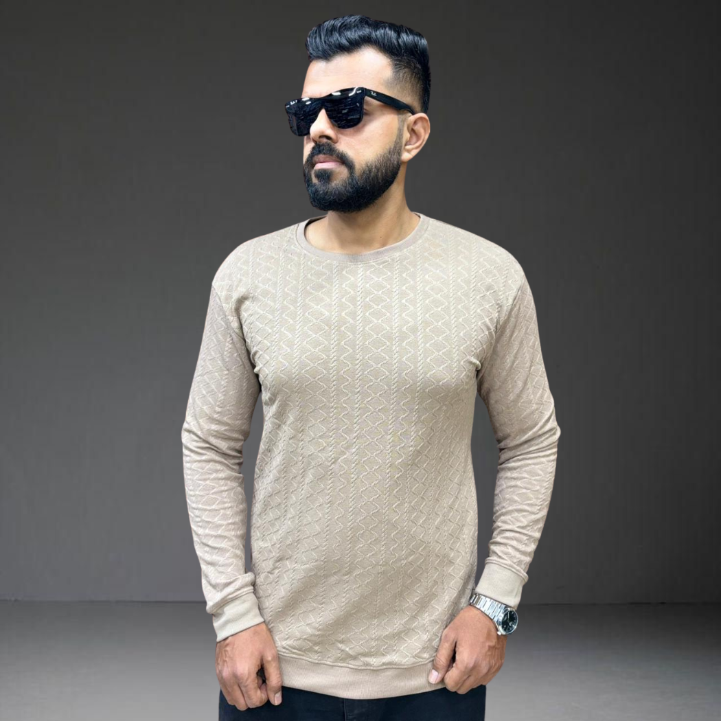 Men's cream textured knit t-shirt long sleeve with model - full body view