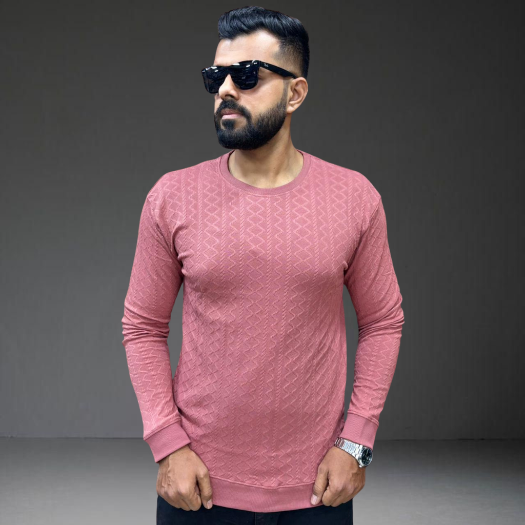 Men's light pink textured knit t-shirt long sleeve with model - full body view