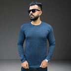 Men's navy blue textured knit long sleeve t-shirt - model wearing full view - Prospera streetwear India
