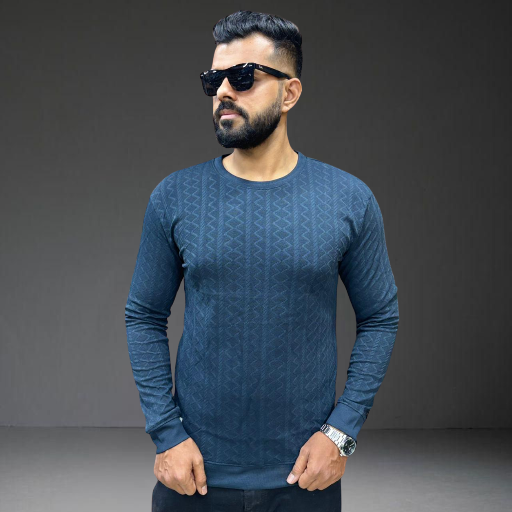 Men's navy blue textured knit long sleeve t-shirt - model wearing full view - Prospera streetwear India