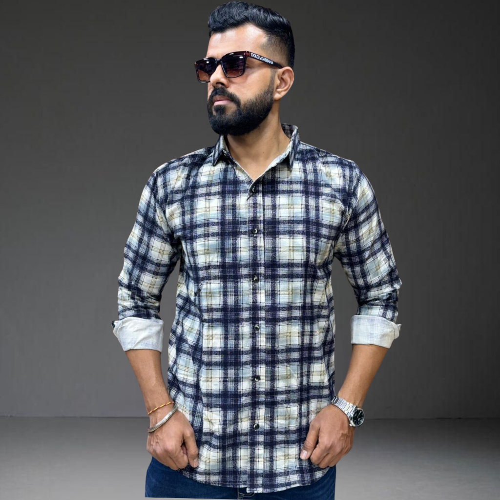 Navy blue white check cotton shirt on man front view Prospera