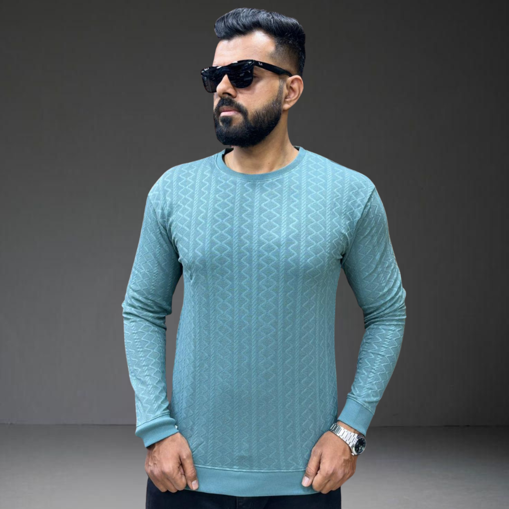 Men's powder blue textured knit long sleeve t-shirt - model wearing full body view - Prospera streetwear India