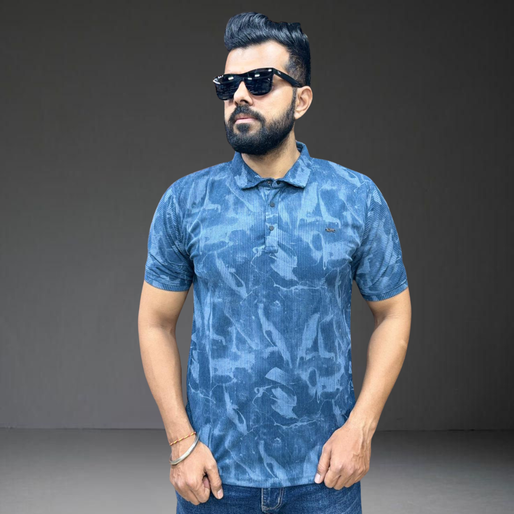 Rich blue corduroy polo shirt short sleeve sophisticated Prospera