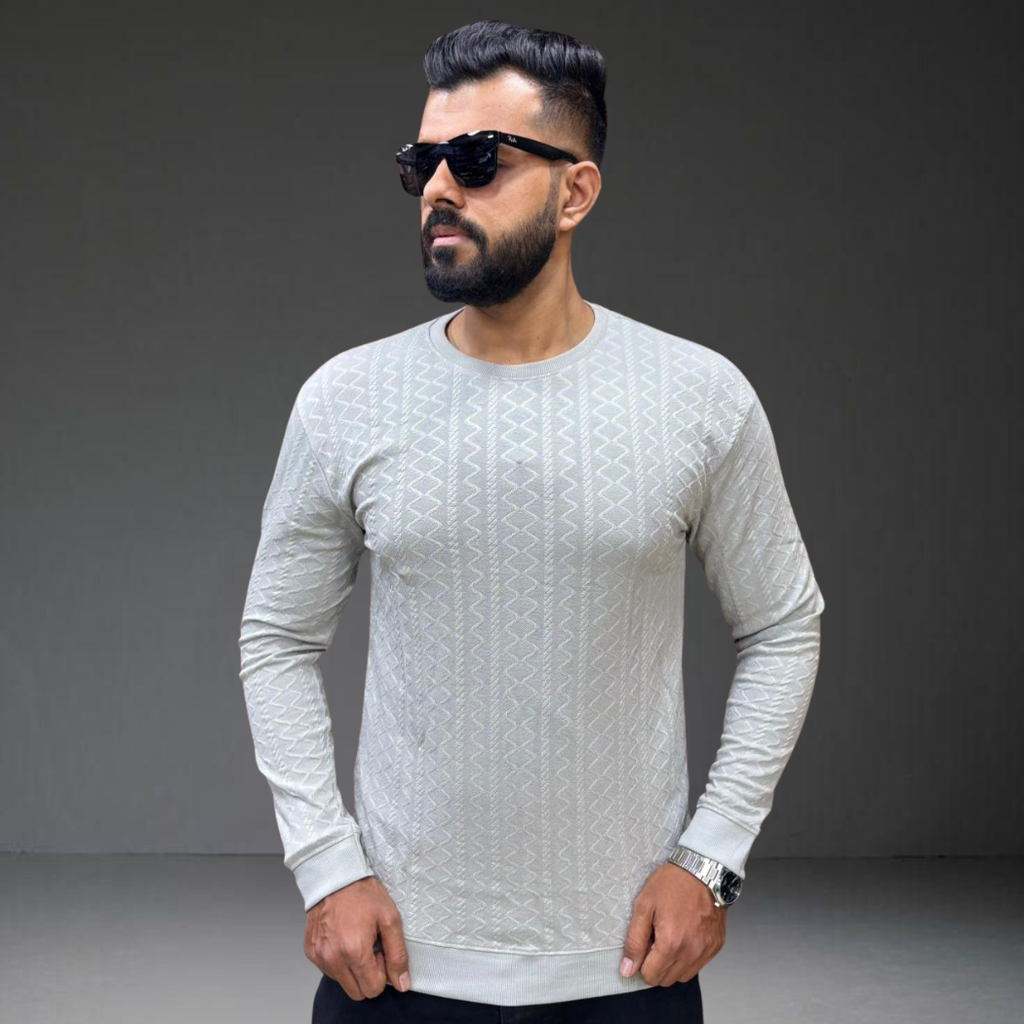 Men's white textured knit long sleeve t-shirt - model wearing view - Prospera Clothing streetwear
