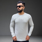 Men's white textured knit long sleeve t-shirt - model wearing view - Prospera Clothing streetwear