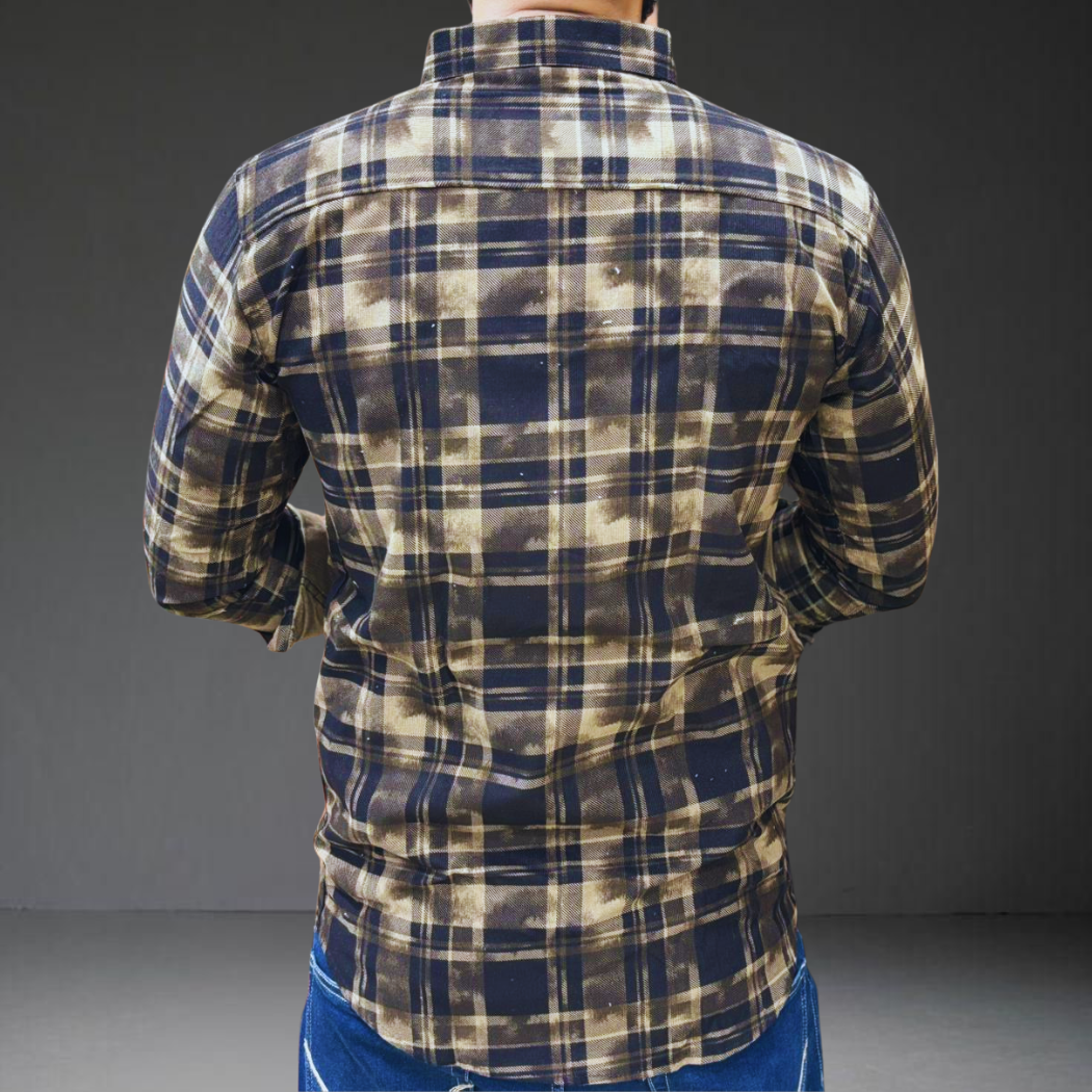 Black brown checkered corduroy shirt back view long sleeve