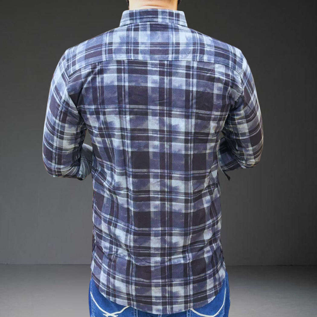 Black grey checkered corduroy shirt back view - long sleeve