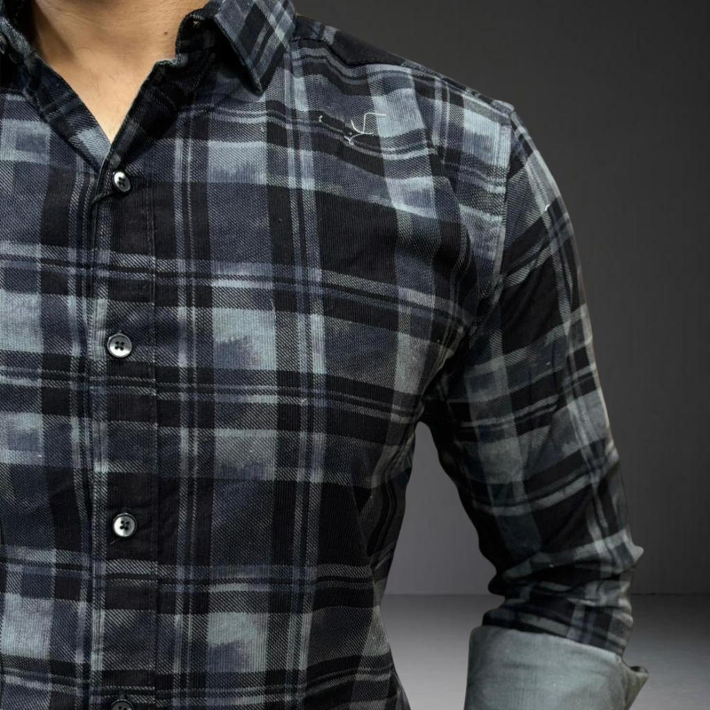 Black grey check pattern corduroy fabric texture detail