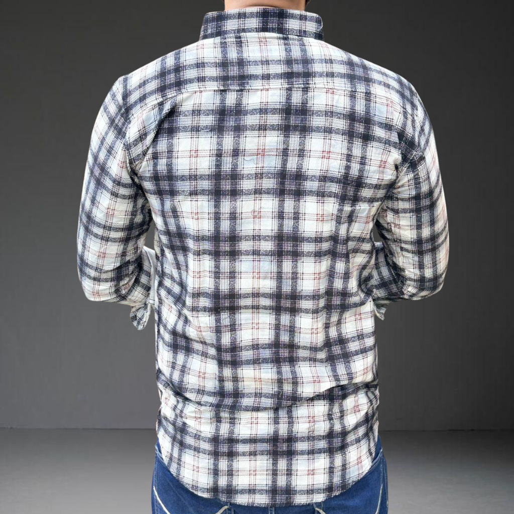 Black white checkered cotton shirt back view long sleeve