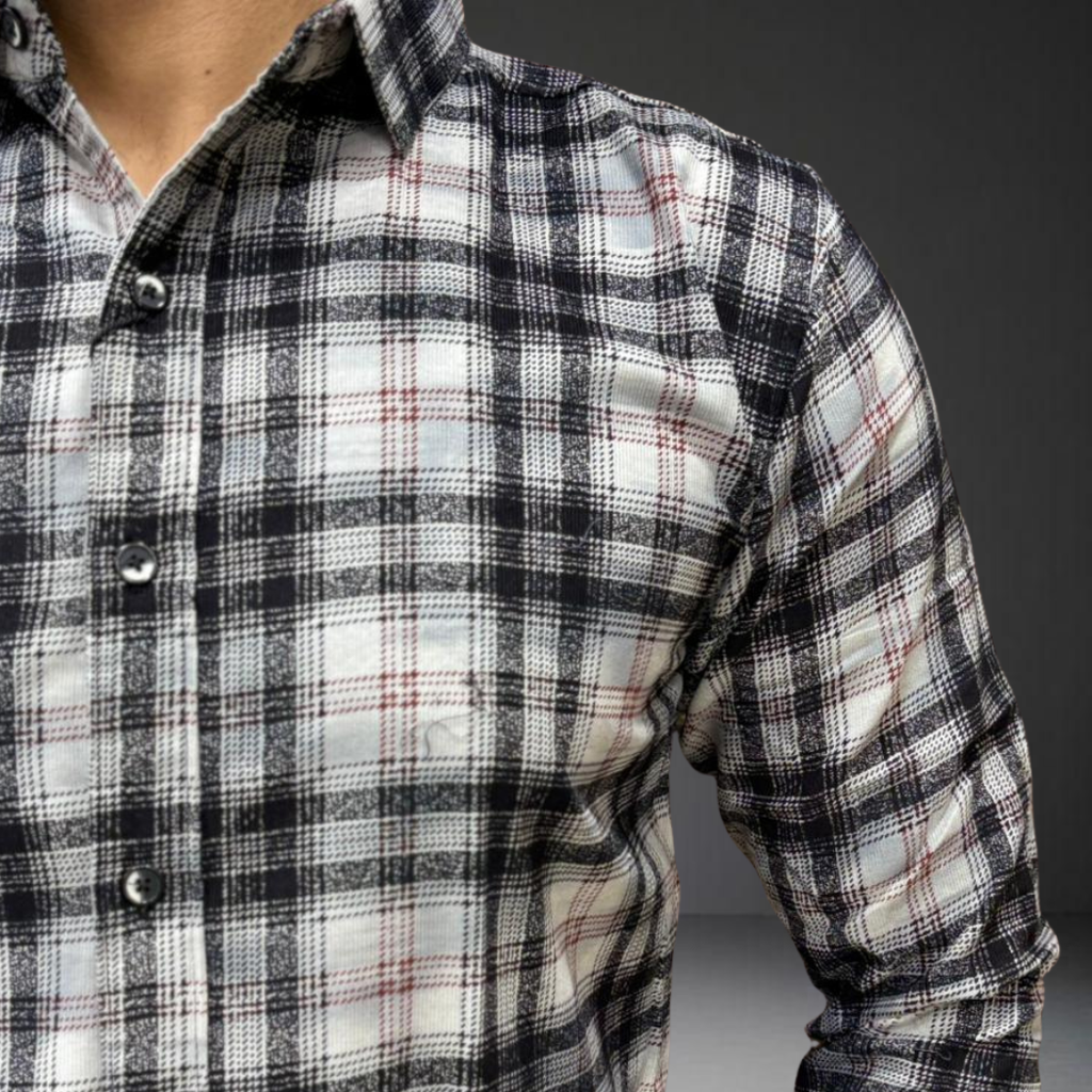 Black white check pattern cotton shirt fabric closeup