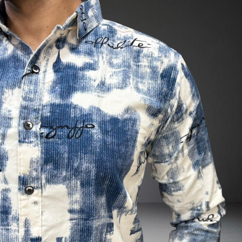 Blue white tie dye corduroy shirt pattern detail view