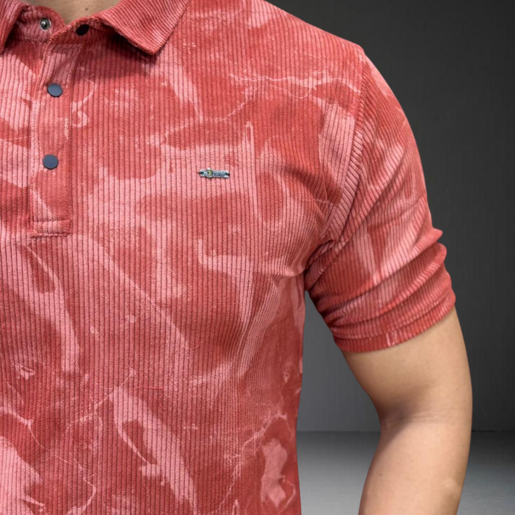 Coral corduroy polo t-shirt texture and fabric detail close-up