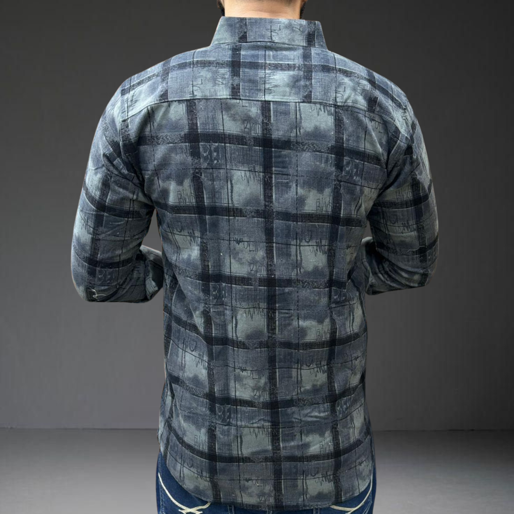Grey blue plaid check cotton shirt back view long sleeve