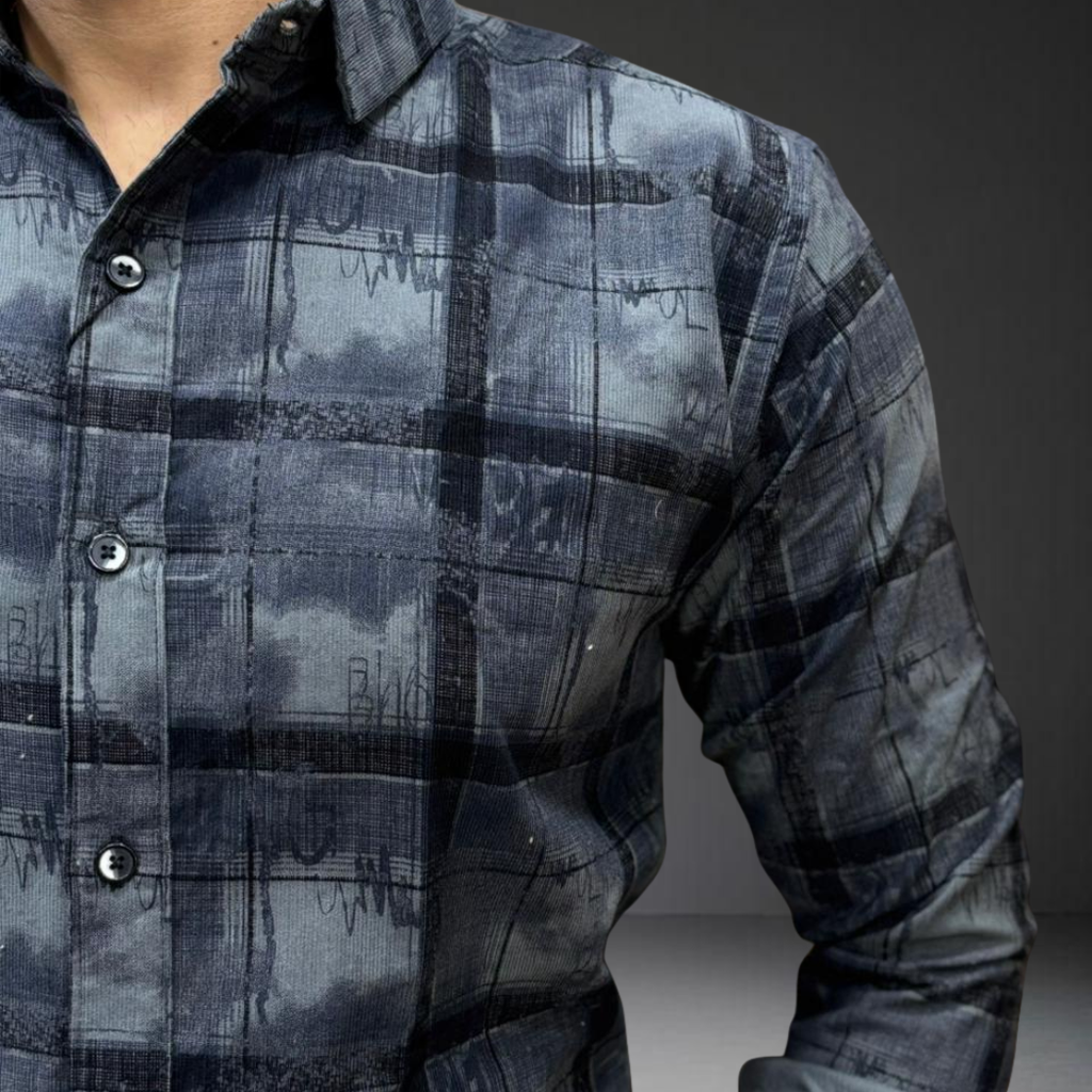 Grey blue check pattern cotton shirt fabric detail closeup