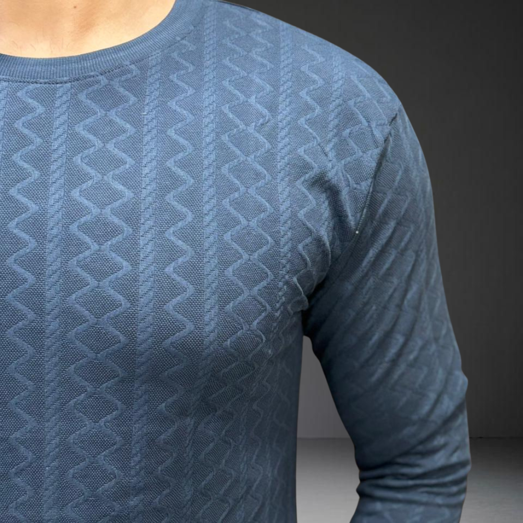 Navy blue textured knit t-shirt detail - premium cotton fabric pattern close-up